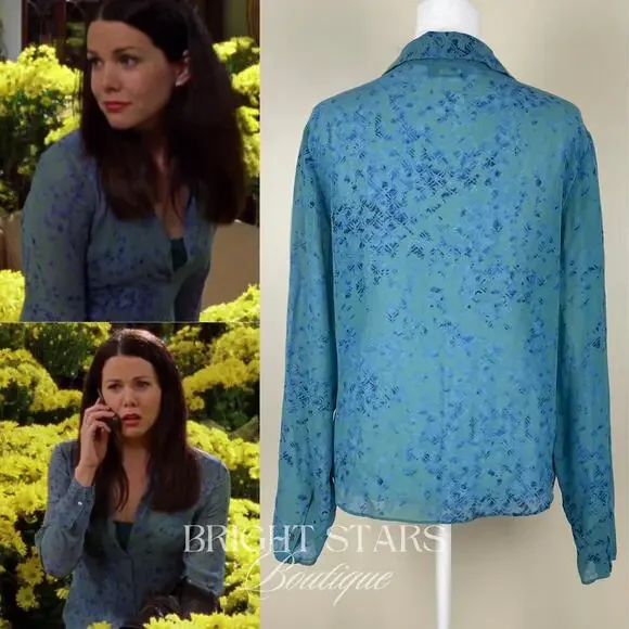 Extremely Rare Blue Silk Blouse Button Down ASO Lorelai Gilmore Girls Vintage - Picture 4 of 9